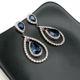 Sapphire-Blue Pear CZ Double Halo Drop Earrings