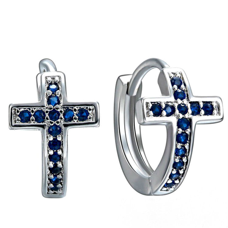 Sapphire-Blue CZ Cross Huggie Earrings