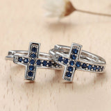 Sapphire-Blue CZ Cross Huggie Earrings