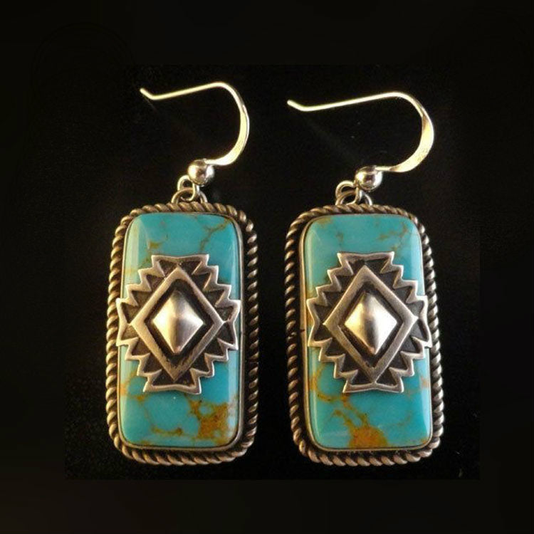 Turquoise-Look Aztec Rectangle Drop Earrings