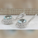Aqua Oval CZ Double Halo Drop Earrings
