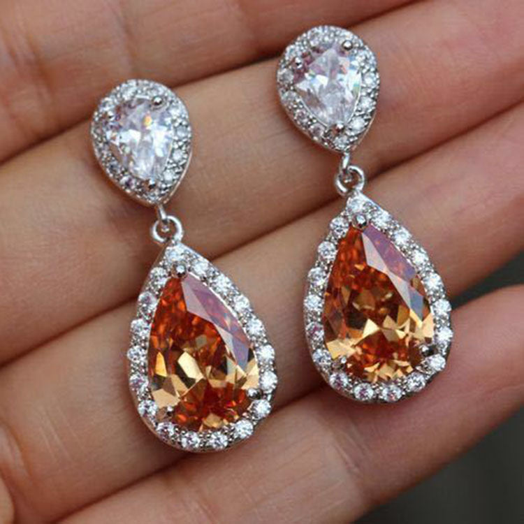 Champagne Pear CZ Halo Drop Earrings