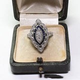 Art Deco Sapphire-Blue Marquise Halo Ring