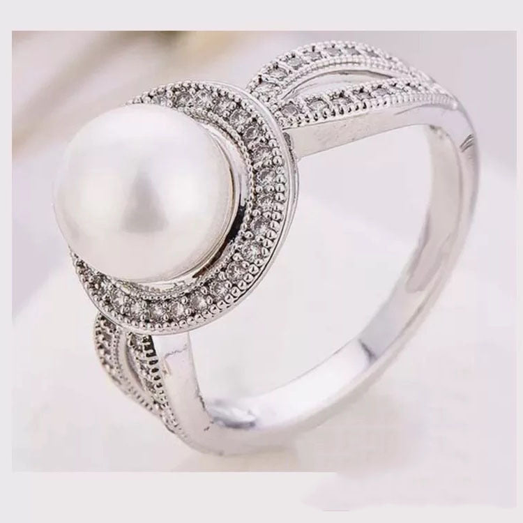 Pearl-Look Pave Swirl Halo Ring