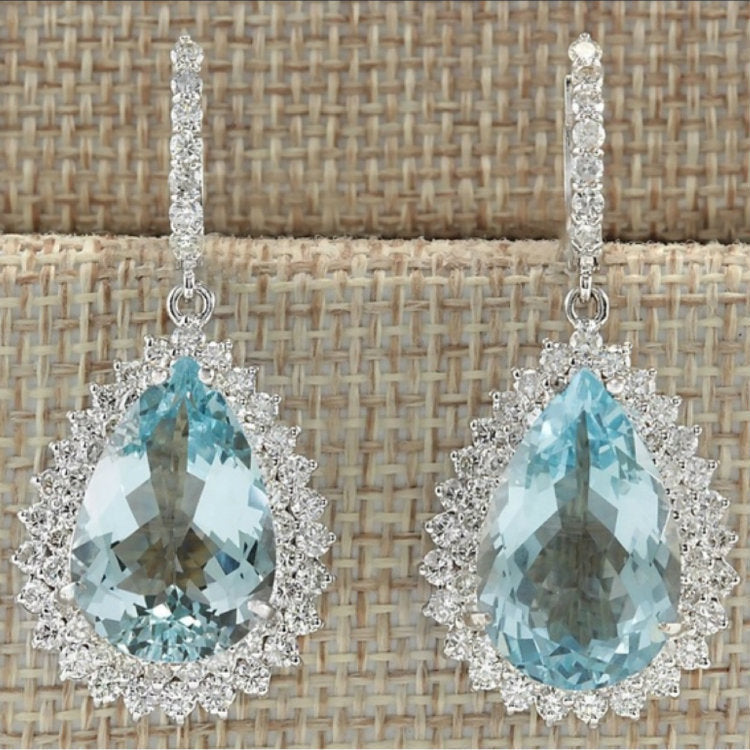 Aqua Pear CZ Halo Pave Drop Earrings