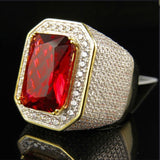 Ruby-Red Emerald-Cut Pave Gold Signet Ring