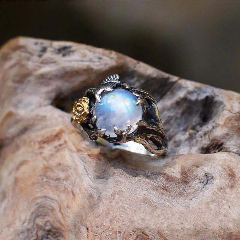 Moonstone-Look Round Rose Branch Ring