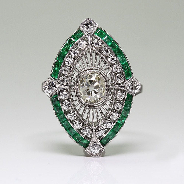 Art Deco Navette Emerald-Look Ring
