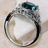 Teal-Blue Round CZ Filigree Halo Ring