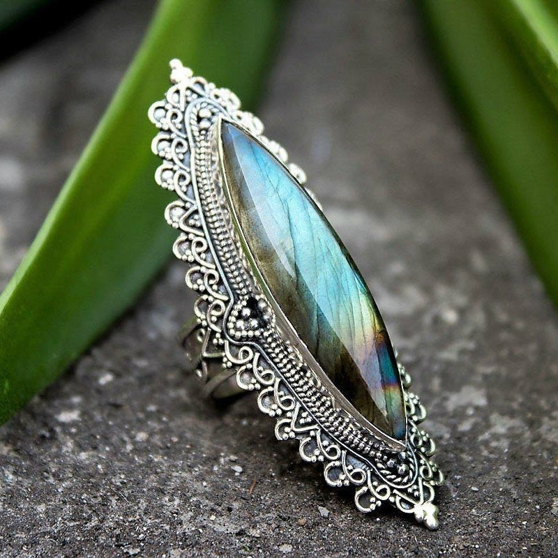 Labradorite-Look Marquise Lace Bezel Ring