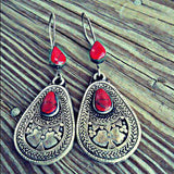 Red Teardrop Engraved Antique Drop Earrings