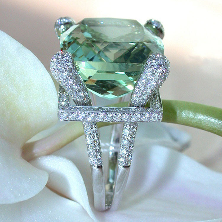 Mint-Green Cushion CZ Pave Cathedral Ring