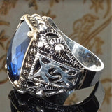 Sapphire-Blue Rectangle Engraved Signet Ring