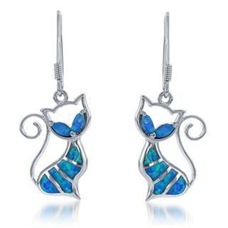 Blue Opal-Look Cat Outline Drop Earrings