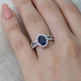 Sapphire-Blue Oval Halo Bridal Ring Set