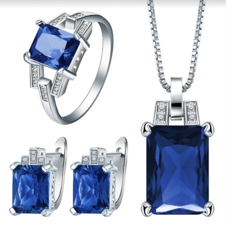 Sapphire-Blue Emerald-Cut CZ Jewelry Set