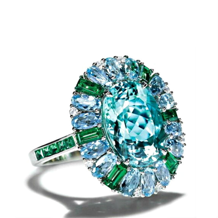 Aqua Oval CZ Petal Halo Ring