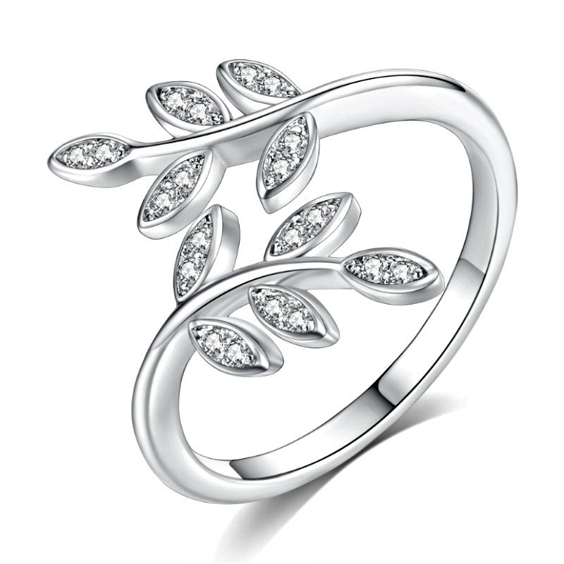 Silver Pave CZ Leaf Vine Open Ring
