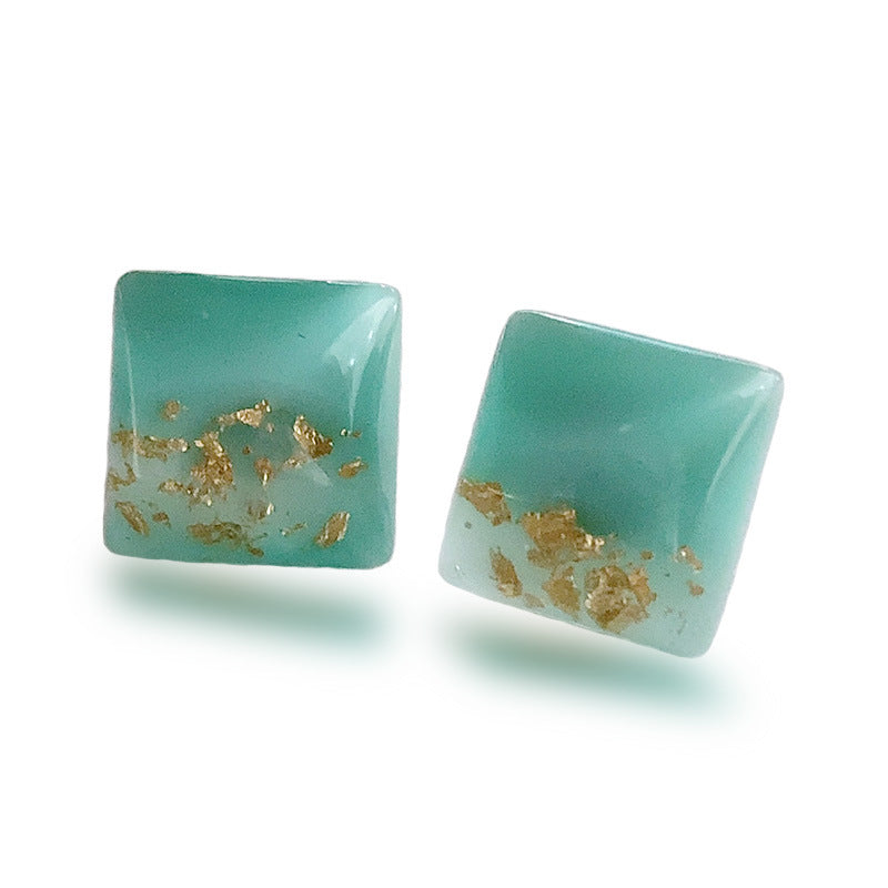 Aqua Resin Gold-Flake Square Stud Earrings