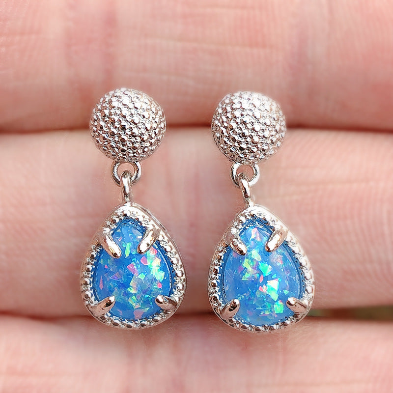 Blue Opal-Look Teardrop Dome Stud Earrings