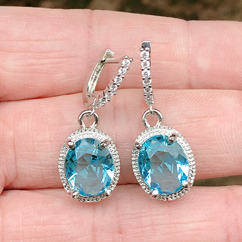 Aqua Oval CZ Halo Lever-Back Drop Earrings