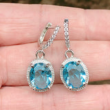 Aqua Oval CZ Halo Lever-Back Drop Earrings