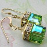 Green Cube Crystal Rondelle Drop Earrings