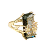 Green Emerald-Cut CZ Floral Gold Ring