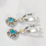 Aqua Round CZ Antique Medallion Drop Earrings