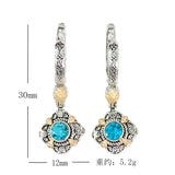 Aqua Round CZ Antique Medallion Drop Earrings