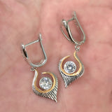 Round CZ Two-Tone Flame Drop Earrings