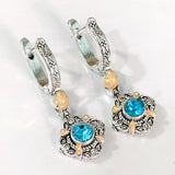 Aqua Round CZ Antique Medallion Drop Earrings