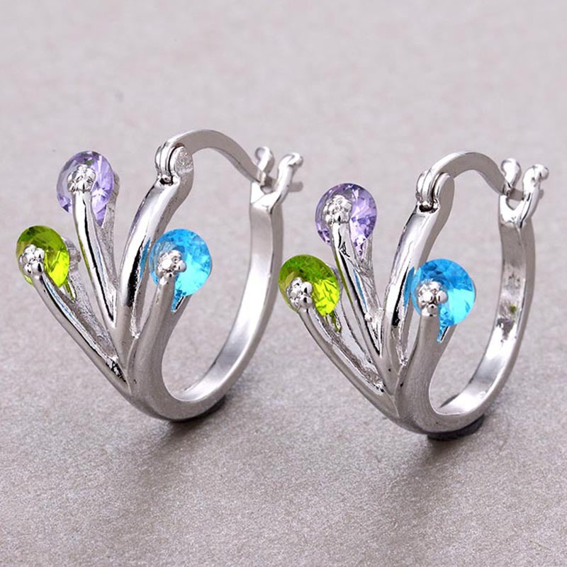 Multicolor CZ Peacock Fan Hoop Earrings
