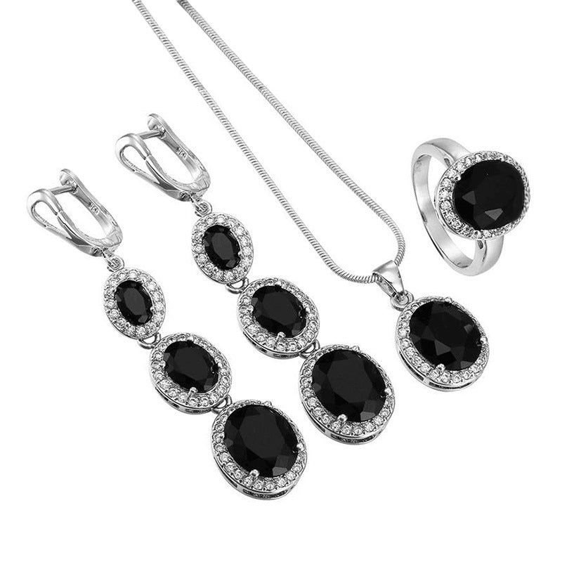 Black Oval CZ Halo Drop Jewelry Set