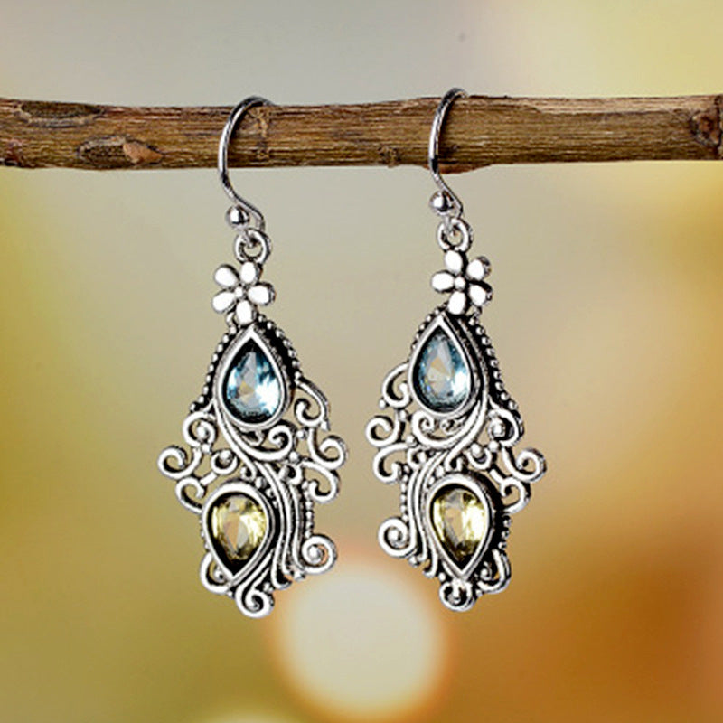 Aqua Yellow Teardrop Filigree Chandelier Earrings