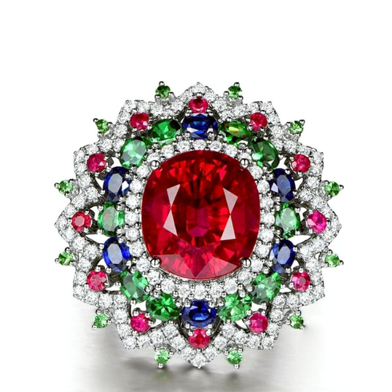 Ruby-Red Oval Multicolor CZ Flower Halo Ring
