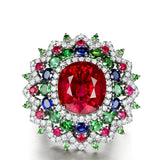 Ruby-Red Oval Multicolor CZ Flower Halo Ring