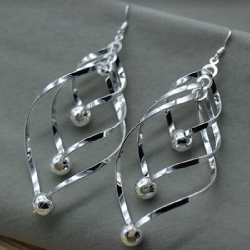Silver Spiral Twist Bead Drop Earrings
