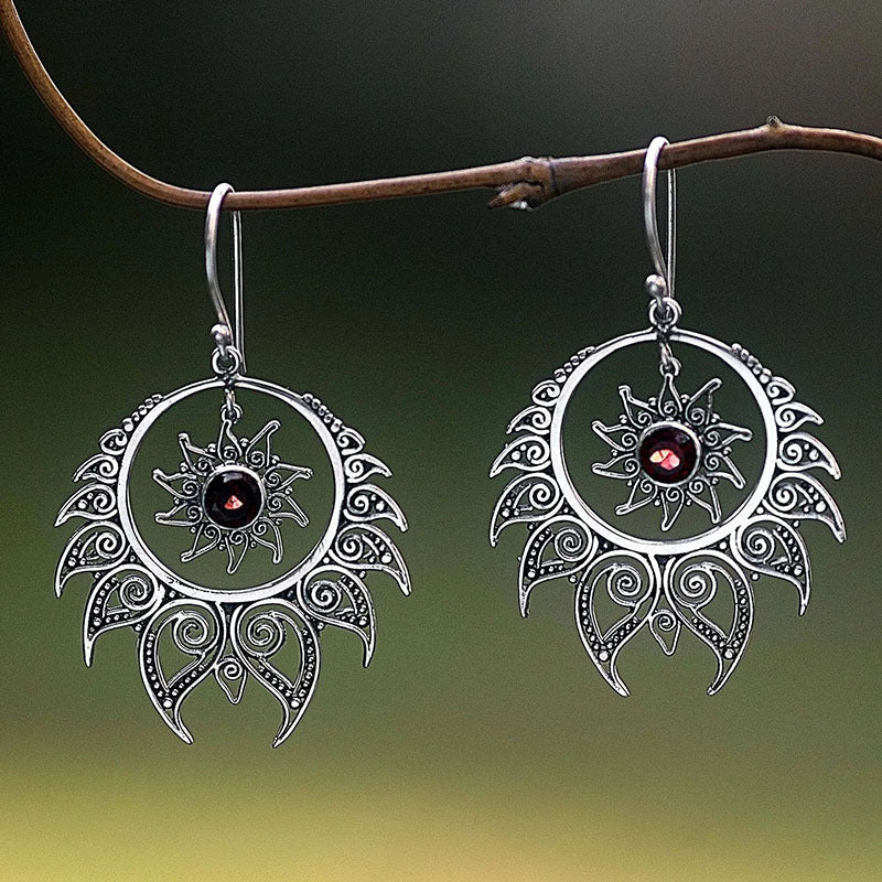 Garnet-Red CZ Sunburst Filigree Hoop Earrings