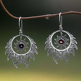 Garnet-Red CZ Sunburst Filigree Hoop Earrings