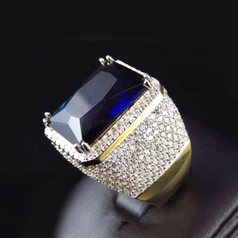 Sapphire-Blue Emerald-Cut Pave Signet Ring
