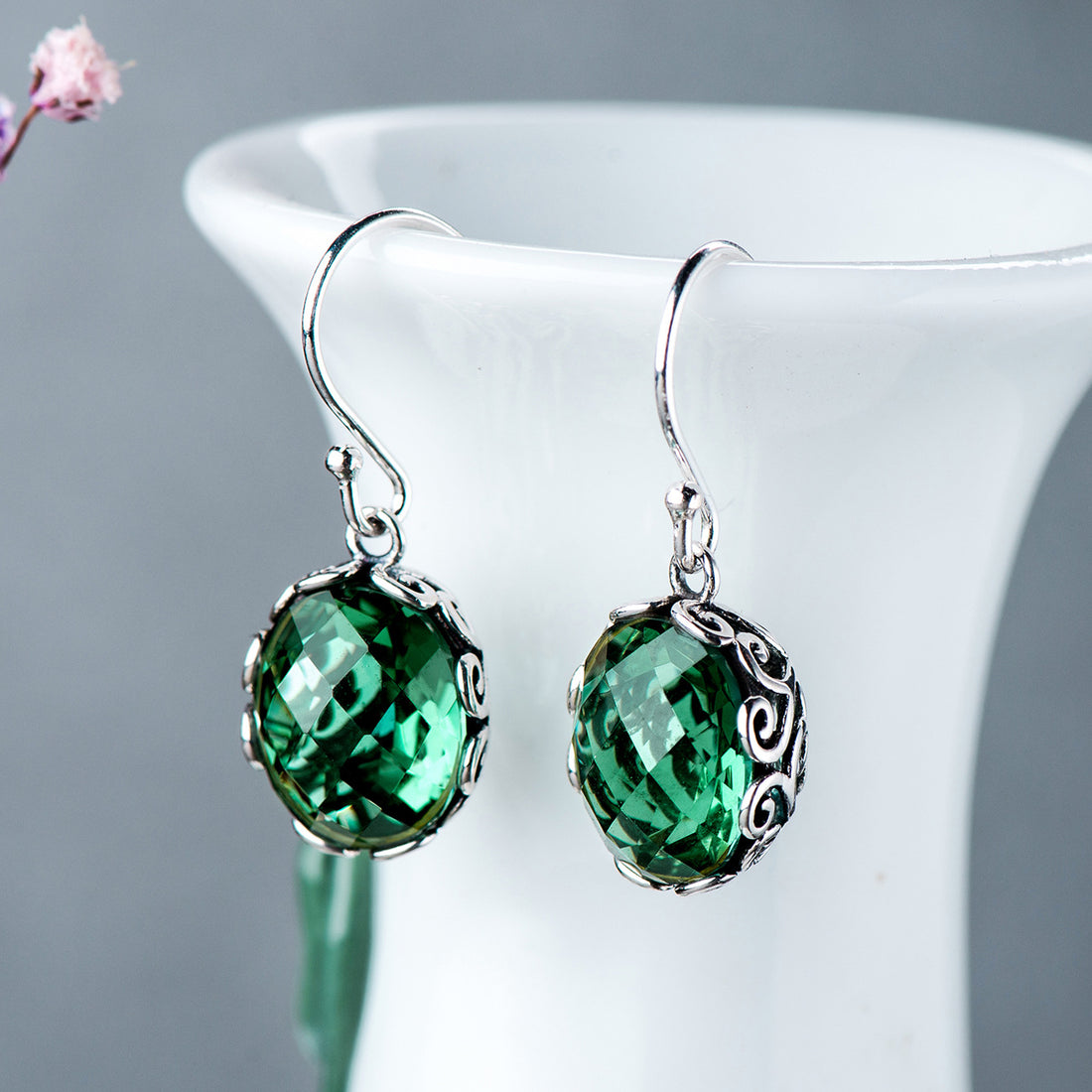 Emerald-Green Faceted Ball Filigree Drop Earrings