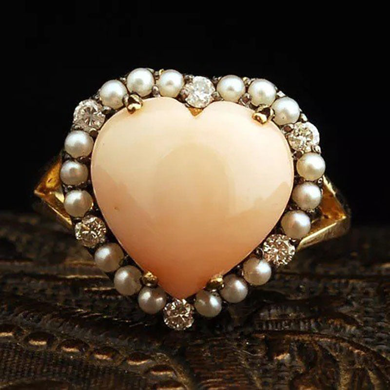 Coral-Look Heart Pearl-Look Halo Ring