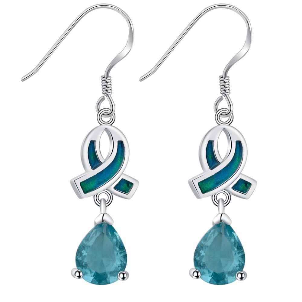 Teal Enamel Ribbon Pear CZ Dangle Earrings