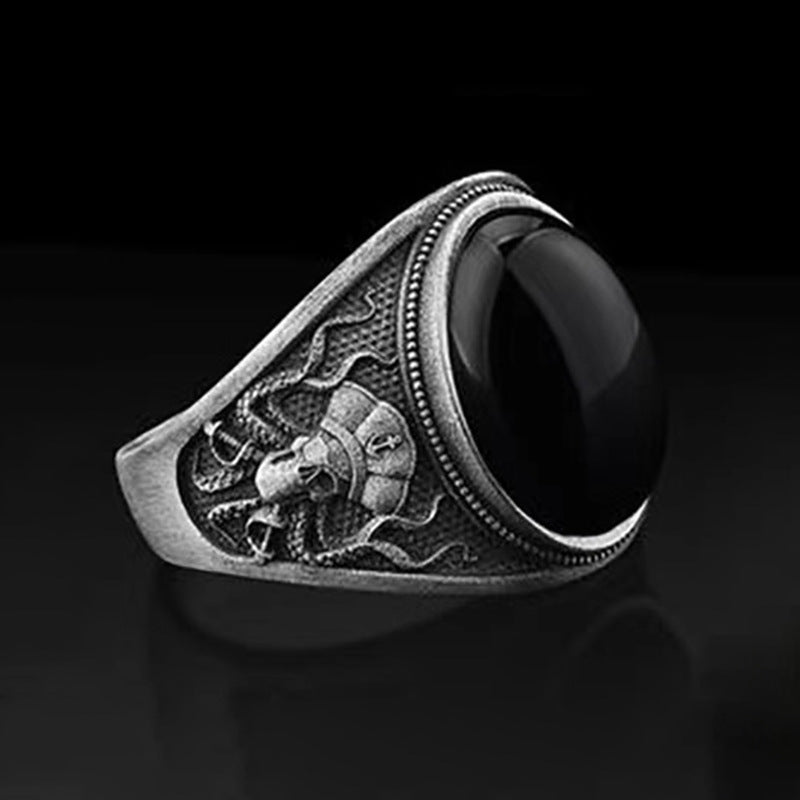 Black Onyx-Look Oval Engraved Signet Ring