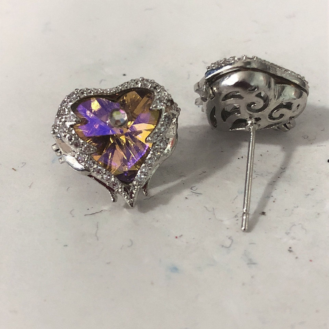 Mystic Purple Heart CZ Halo Stud Earrings