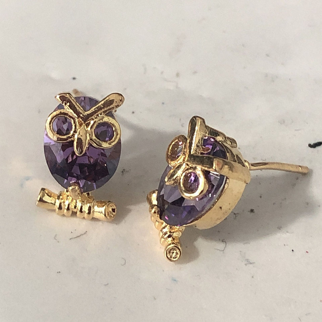 Purple CZ Gold Owl Stud Earrings