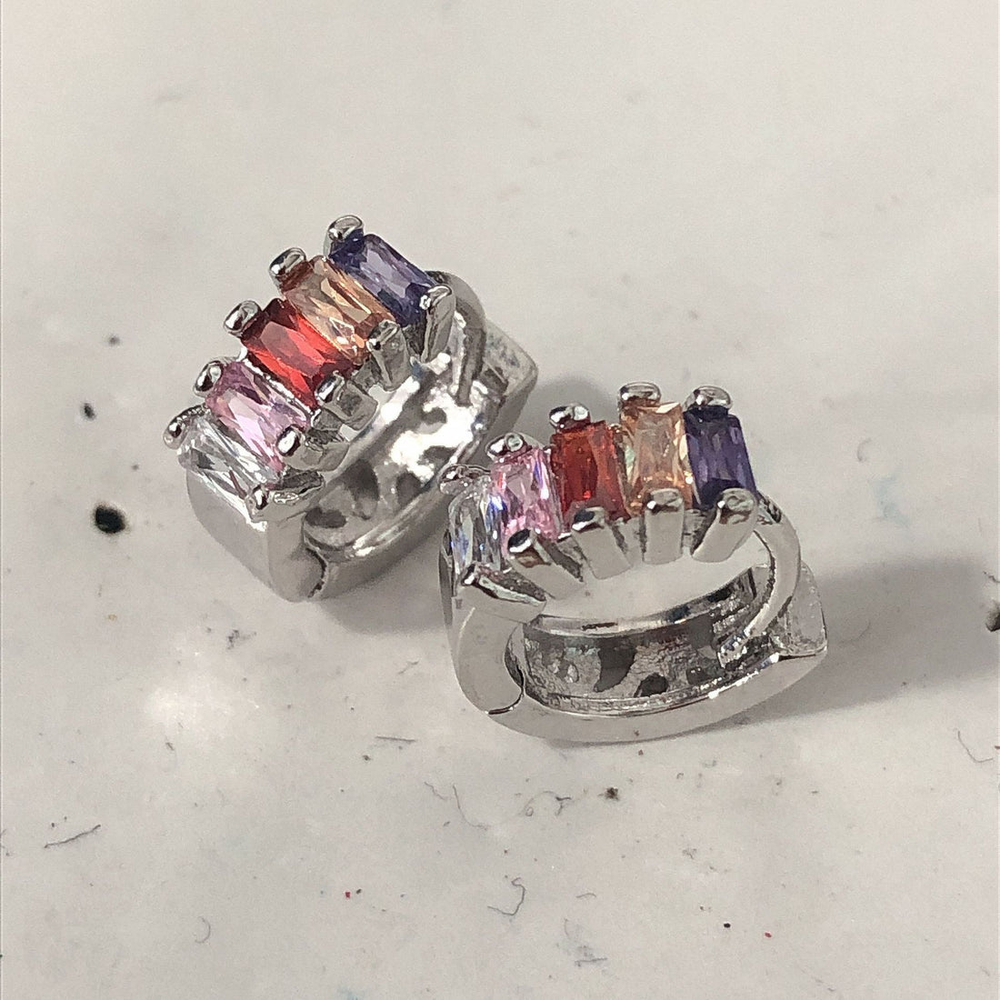 Rainbow Baguette CZ Small Huggie Earrings