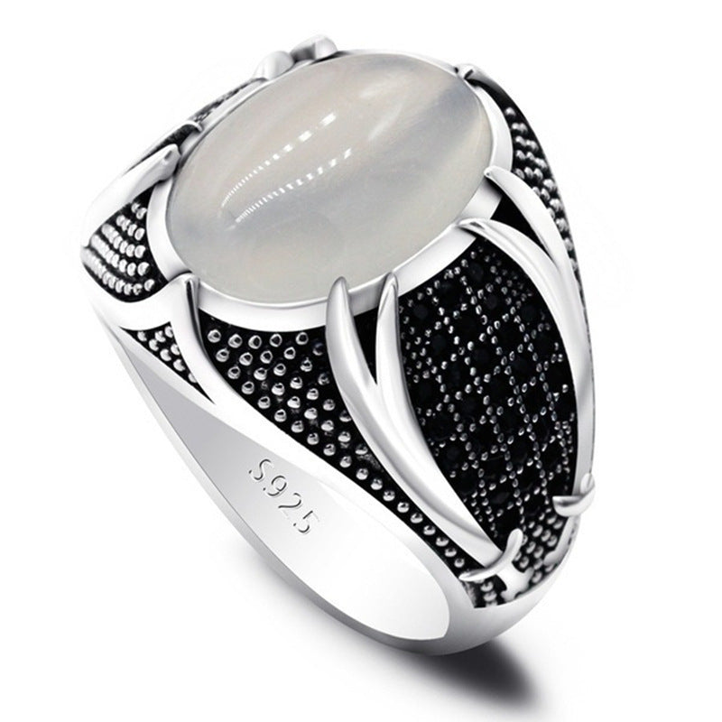 Moonstone-Look Oval Black Pave Signet Ring