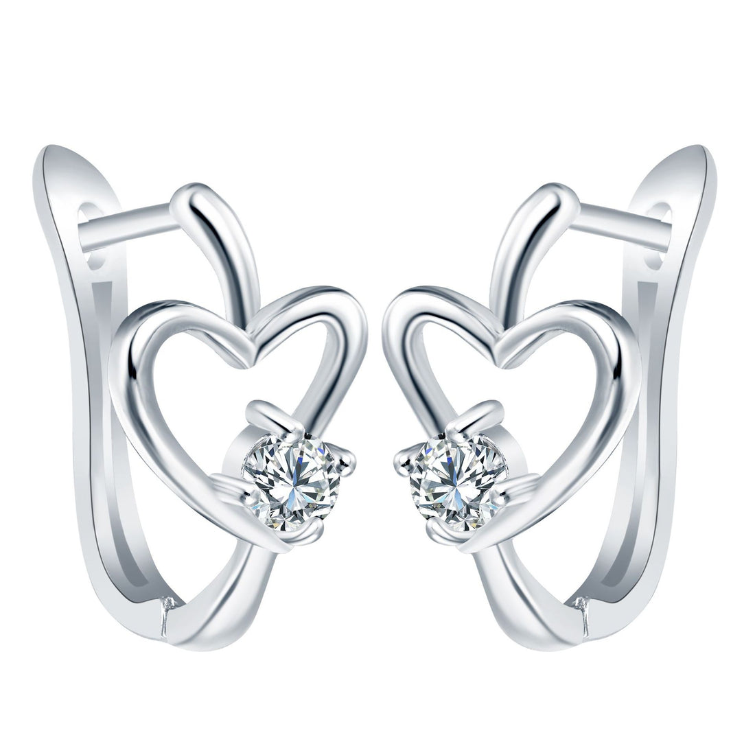 Silver Open Heart CZ Huggie Earrings